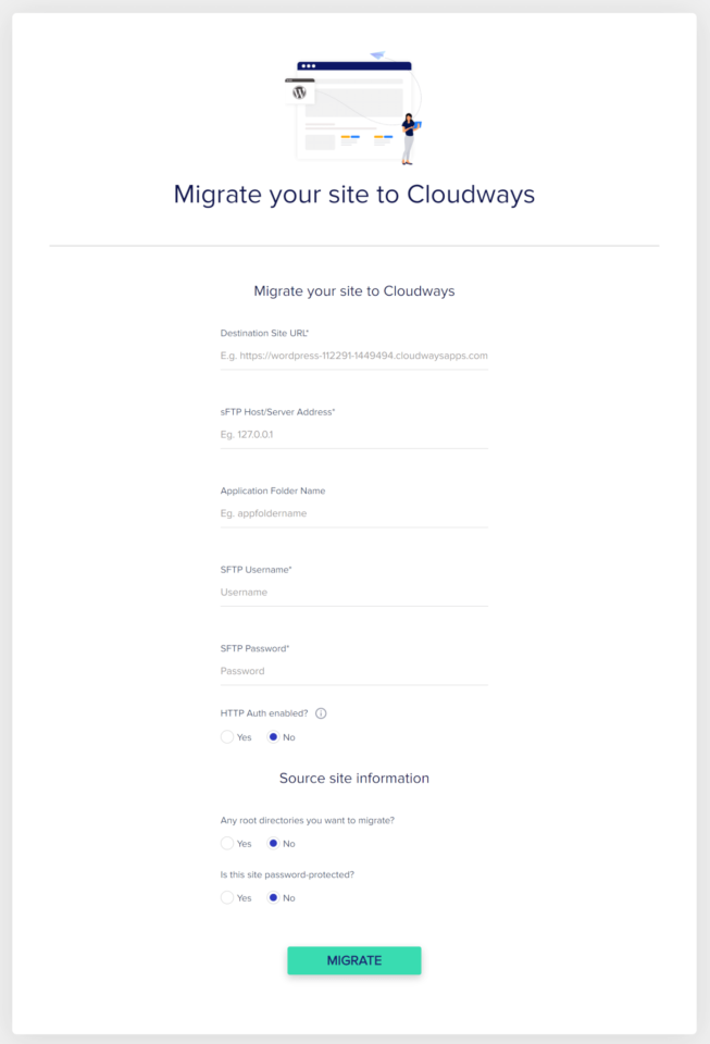 טופס העברת אתר Cloudways WordPress Migrator